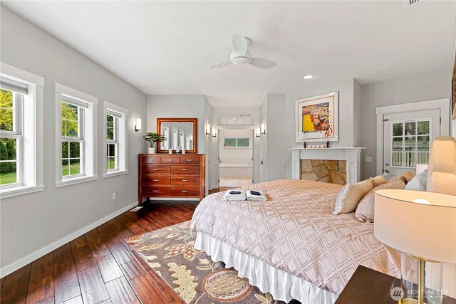 10552 Ski Hill Dr, Leavenworth, WA 98826 - bedroom with baseboards, dark wood-style floors, recessed lighting, and a ceiling fan