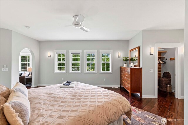 10552 Ski Hill Dr, Leavenworth, WA 98826 - bedroom with dark wood-type flooring, baseboards, a walk in closet, arched walkways, and a ceiling fan