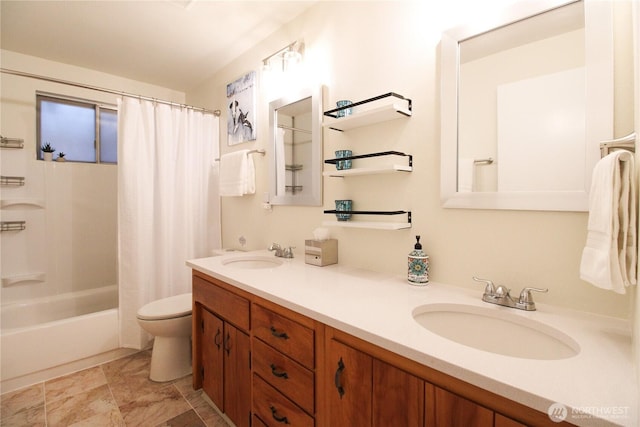 1625 E 61st St, Tacoma, WA 98404 - full bath with double vanity, toilet, and shower / bath combination with curtain