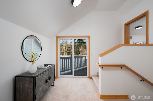 18311 Burn Rd, Arlington, WA 98223 - foyer entrance with carpet floors, lofted ceiling, and stairs