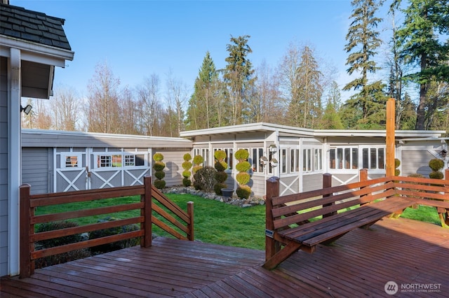 18311 Burn Rd, Arlington, WA 98223 - wooden terrace featuring a yard and a sunroom