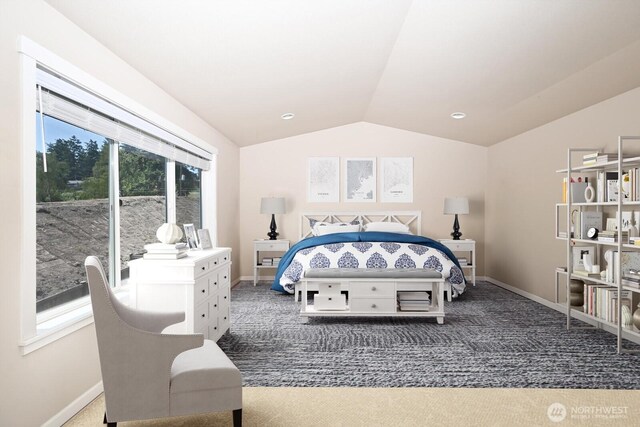 627 68th Ave E, Tacoma, WA 98424 - carpeted bedroom featuring lofted ceiling and baseboards