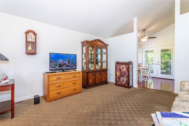 37326 19th Pl S, Federal Way, WA 98003 - living room with vaulted ceiling, carpet floors, french doors, a ceiling fan, and baseboards