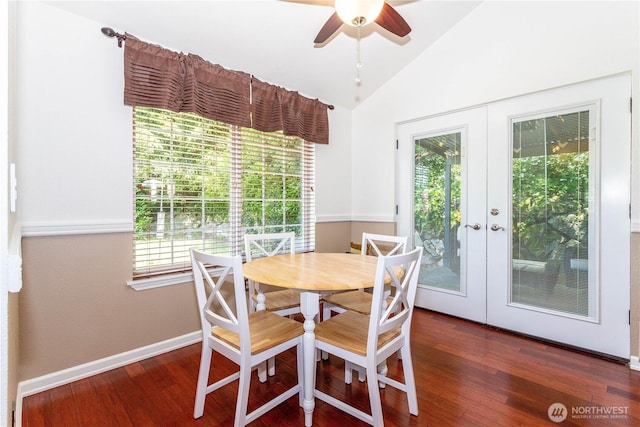 37326 19th Pl S, Federal Way, WA 98003 - dining room featuring french doors, wood finished floors, lofted ceiling, a ceiling fan, and baseboards