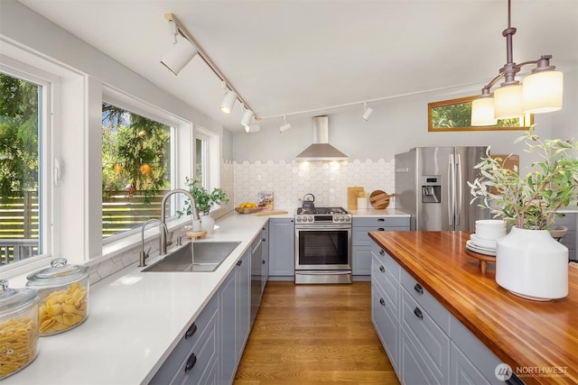4819 S Lucile St, Seattle, WA 98118 - kitchen with appliances with stainless steel finishes, a sink, gray cabinetry, and butcher block counters