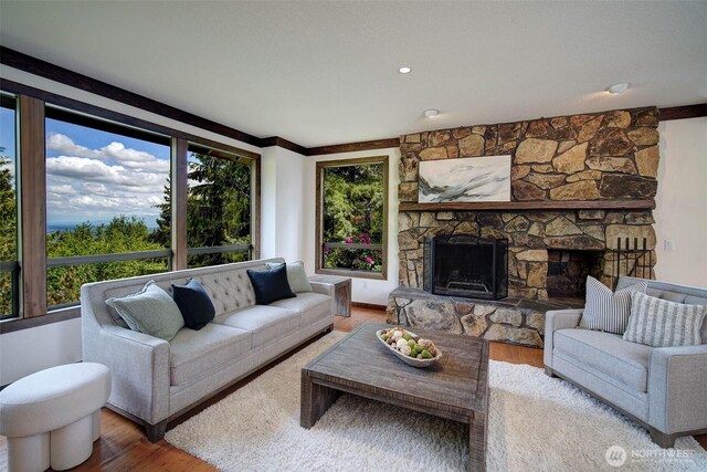 2120 Squak Mountain Loop SW, Issaquah, WA 98027 - living area with healthy amount of natural light, a fireplace, and wood finished floors