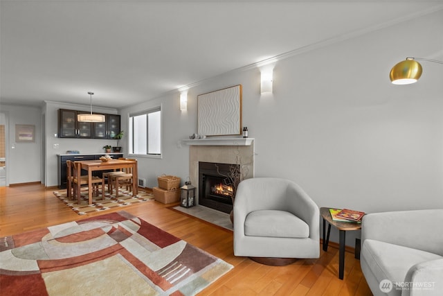 4222 Beach Dr SW Unit 303, Seattle, WA 98116 - living area with light wood-style flooring, a fireplace with flush hearth, and crown molding