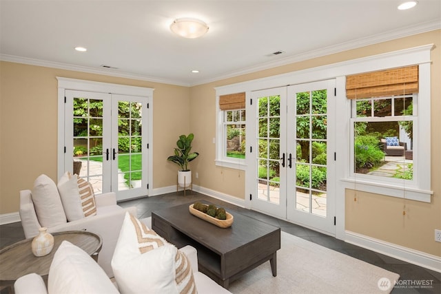 1325 Broadmoor Dr E, Seattle, WA 98112 - living room with french doors, baseboards, ornamental molding, tile patterned flooring, and recessed lighting