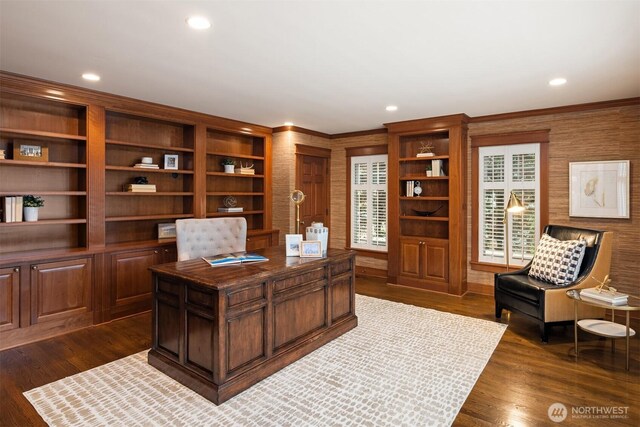 1325 Broadmoor Dr E, Seattle, WA 98112 - office area featuring dark wood finished floors, recessed lighting, and crown molding