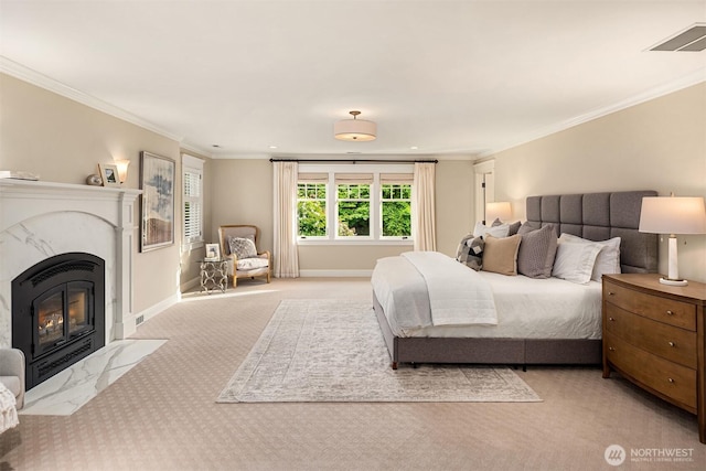 1325 Broadmoor Dr E, Seattle, WA 98112 - bedroom with carpet floors, ornamental molding, baseboards, and a premium fireplace