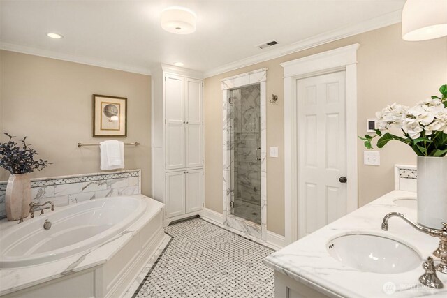 1325 Broadmoor Dr E, Seattle, WA 98112 - full bath featuring a shower stall, a garden tub, double vanity, ornamental molding, and recessed lighting