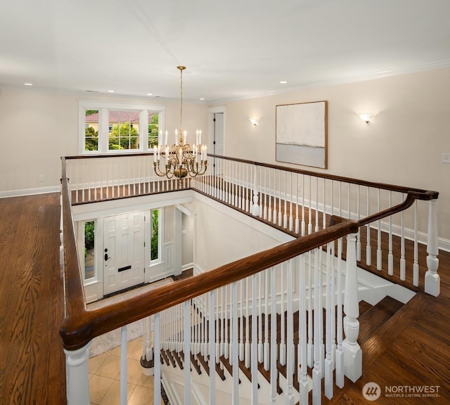 1325 Broadmoor Dr E, Seattle, WA 98112 - stairs featuring a chandelier, baseboards, recessed lighting, and ornamental molding