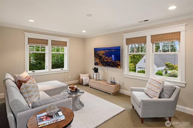 1325 Broadmoor Dr E, Seattle, WA 98112 - living area featuring healthy amount of natural light, baseboards, carpet flooring, recessed lighting, and crown molding