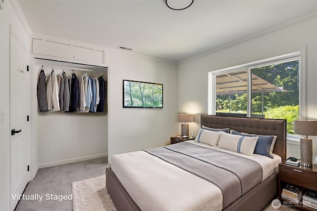 8048 S Ainsworth Ave, Tacoma, WA 98408 - bedroom featuring a closet, ornamental molding, light carpet, and baseboards