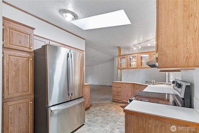 8530 Steilacoom Rd SE Unit 113, Olympia, WA 98513 - kitchen featuring freestanding refrigerator, electric range oven, a skylight, a sink, and ventilation hood