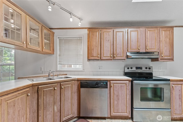 8530 Steilacoom Rd SE Unit 113, Olympia, WA 98513 - kitchen with appliances with stainless steel finishes, under cabinet range hood, a sink, light countertops, and glass insert cabinets