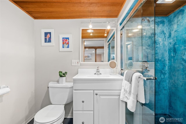 4742 22nd Ave SW, Seattle, WA 98106 - bathroom featuring toilet, vanity, wood ceiling, and an enclosed shower