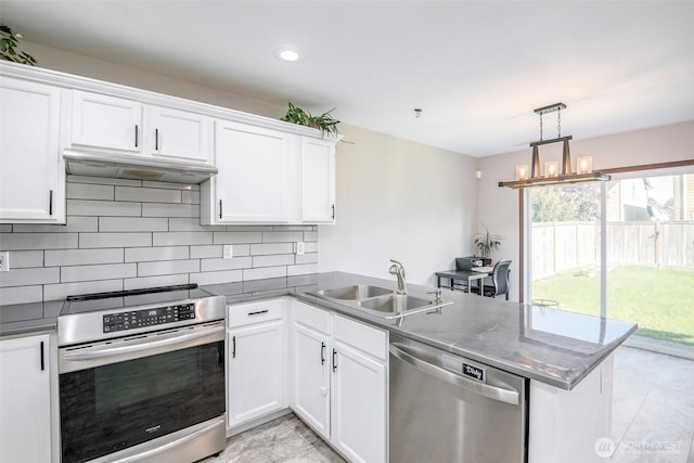 6628 Carolina St SE, Olympia, WA 98513 - kitchen with stainless steel appliances, a sink, a peninsula, white cabinets, and recessed lighting