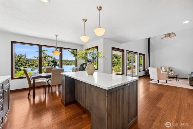 931 Oyster Bay Ct, Bremerton, WA 98312 - kitchen with light countertops, dark wood finished floors, plenty of natural light, recessed lighting, and decorative light fixtures