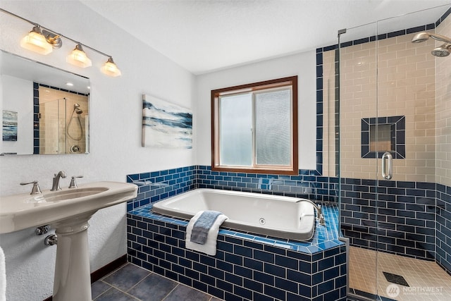 931 Oyster Bay Ct, Bremerton, WA 98312 - bathroom with a shower stall, a jetted tub, and tile patterned floors