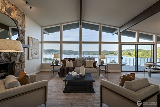5110 NW Sammamish Rd, Issaquah, WA 98027 - living area featuring baseboards, wood finished floors, a stone fireplace, track lighting, and a water view