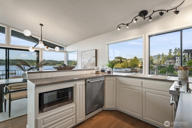 5110 NW Sammamish Rd, Issaquah, WA 98027 - kitchen with dishwasher, a sink, white cabinetry, wood finished floors, and pendant lighting