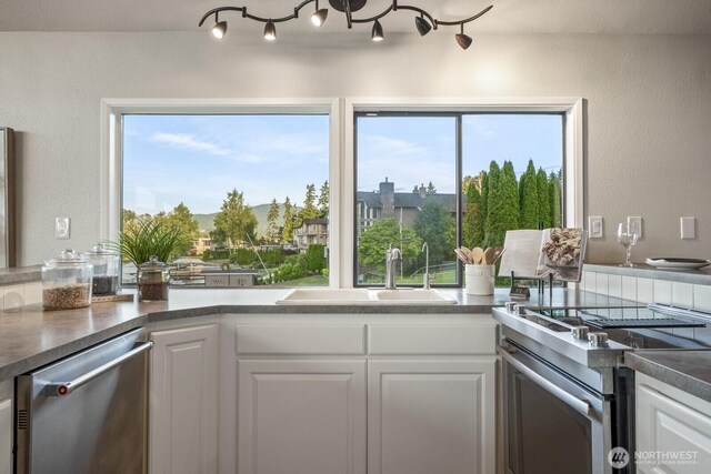 5110 NW Sammamish Rd, Issaquah, WA 98027 - kitchen featuring appliances with stainless steel finishes, white cabinetry, a sink, dark countertops, and a textured wall
