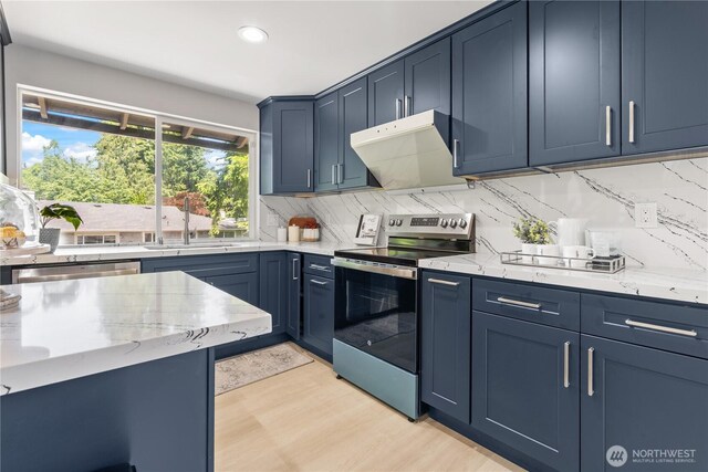 4426 NE 17th St, Renton, WA 98059 - kitchen with appliances with stainless steel finishes, a sink, tasteful backsplash, under cabinet range hood, and blue cabinets