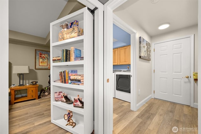 649 Summit Pl, Sedro Woolley, WA 98284 - hallway with light wood finished floors and washer / clothes dryer
