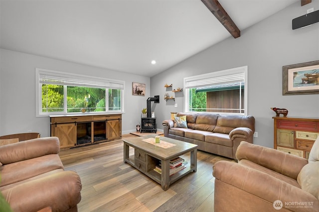 649 Summit Pl, Sedro Woolley, WA 98284 - living area featuring a wood stove, wood finished floors, and recessed lighting