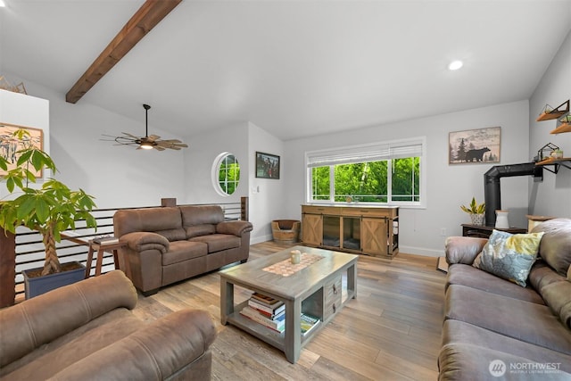 649 Summit Pl, Sedro Woolley, WA 98284 - living area featuring baseboards, light wood-style flooring, a ceiling fan, a wood stove, and recessed lighting