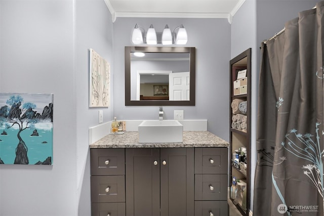 649 Summit Pl, Sedro Woolley, WA 98284 - bathroom with crown molding, vanity, and curtained shower