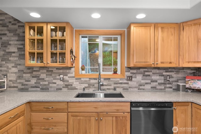 649 Summit Pl, Sedro Woolley, WA 98284 - kitchen featuring dishwashing machine, a sink, backsplash, glass insert cabinets, and light stone countertops