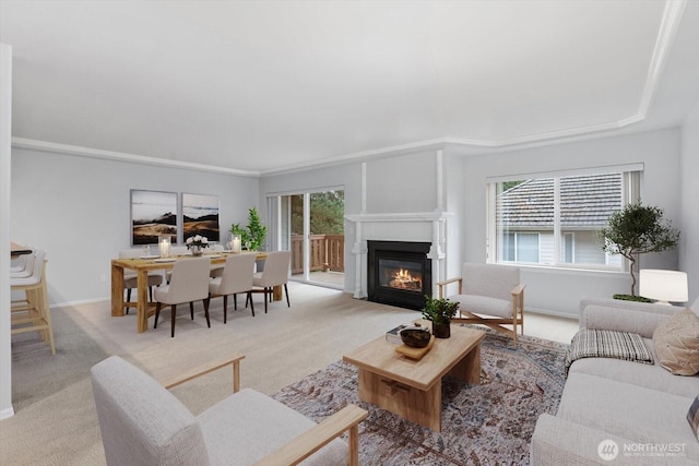 8221 53rd Ave W Unit G-27, Mukilteo, WA 98275 - living room featuring a fireplace with flush hearth, carpet floors, and baseboards