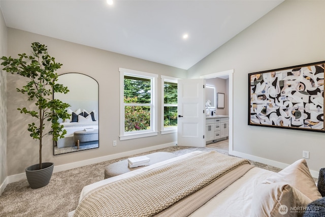 36720 55th Ave S, Auburn, WA 98001 - bedroom featuring baseboards, light carpet, vaulted ceiling, connected bathroom, and recessed lighting