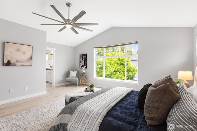 17826 20th Ave SE, Bothell, WA 98012 - bedroom with light wood-style floors, lofted ceiling, ceiling fan, and ensuite bathroom