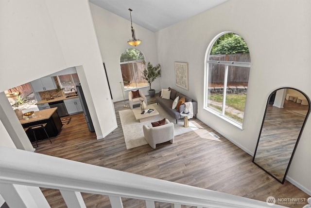 18805 20th Ave SE, Bothell, WA 98012 - living area featuring dark wood finished floors, baseboards, and high vaulted ceiling