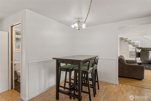 330 Highland Ave, Chelan, WA 98816 - dining room featuring wood finished floors, a chandelier, and wainscoting