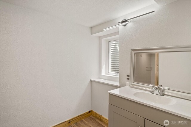 330 Highland Ave, Chelan, WA 98816 - bathroom featuring wood finished floors, vanity, and baseboards
