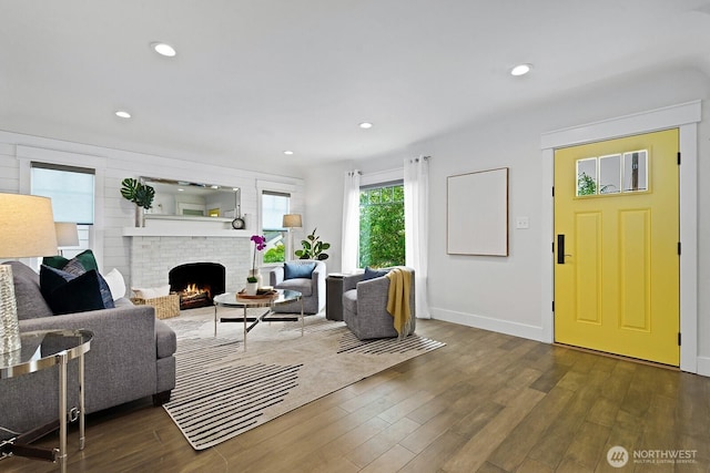3236 15th Ave S, Seattle, WA 98144 - living area featuring wood finished floors, a fireplace, and recessed lighting
