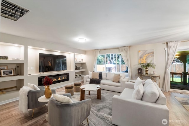 18113 17th Avenue Ct E, Spanaway, WA 98387 - living area featuring wood finished floors, a glass covered fireplace, and built in shelves