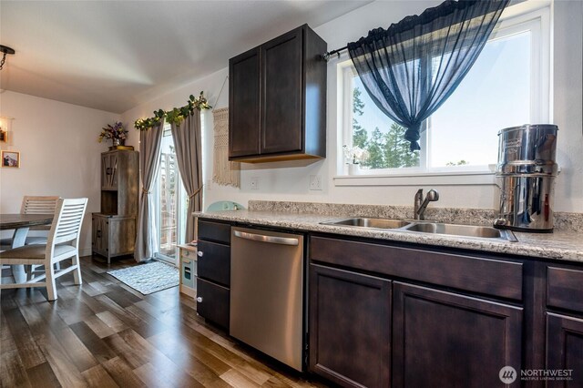 585 Finnegan Rdg, Friday Harbor, WA 98250 - kitchen featuring dishwasher, dark wood-style flooring, light countertops, and dark brown cabinetry