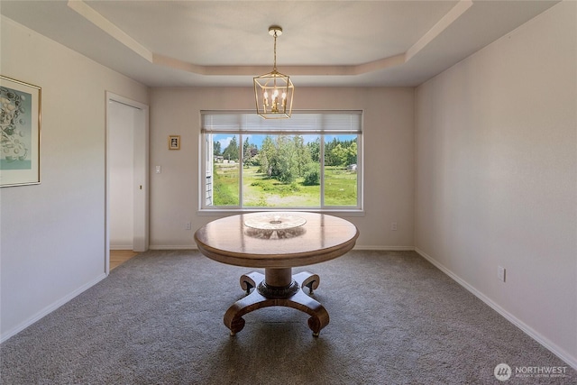 11207 16th St E, Edgewood, WA 98372 - unfurnished dining area featuring carpet flooring, a chandelier, a tray ceiling, and baseboards