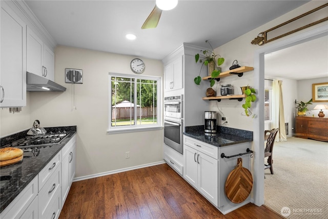 6901 Columbia Ct, Everett, WA 98203 - kitchen with under cabinet range hood, open shelves, stainless steel appliances, white cabinetry, and a ceiling fan