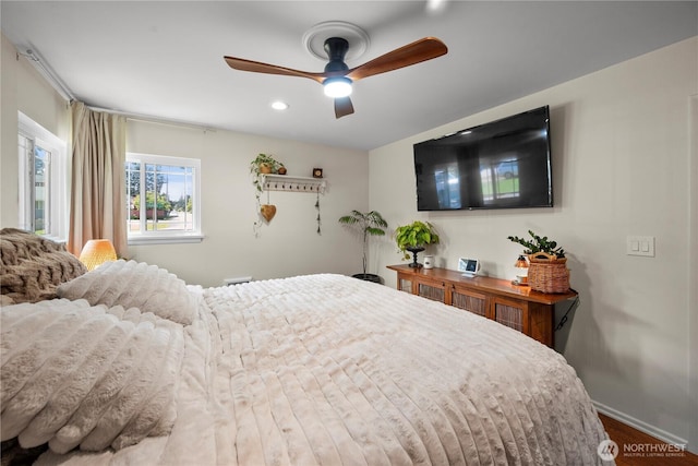 6901 Columbia Ct, Everett, WA 98203 - bedroom with baseboards, wood finished floors, a ceiling fan, and recessed lighting