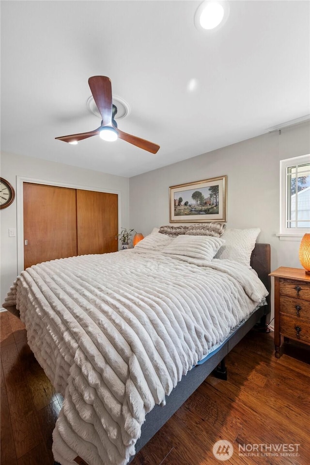6901 Columbia Ct, Everett, WA 98203 - bedroom with wood finished floors, a closet, and a ceiling fan
