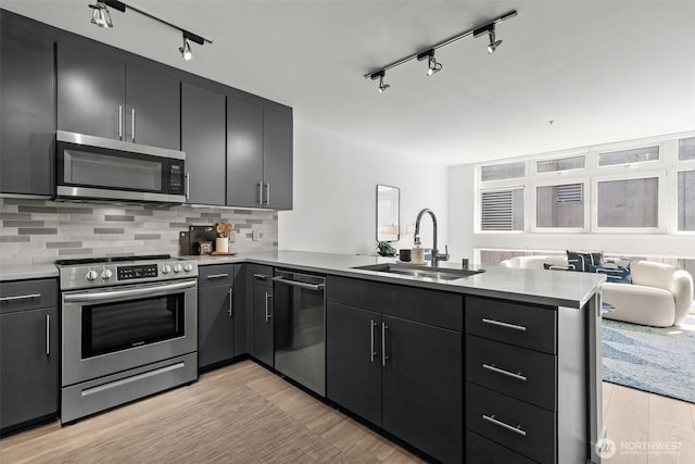 17 W Mercer St Unit 216, Seattle, WA 98119 - kitchen featuring appliances with stainless steel finishes, a sink, a peninsula, rail lighting, and light wood-style flooring