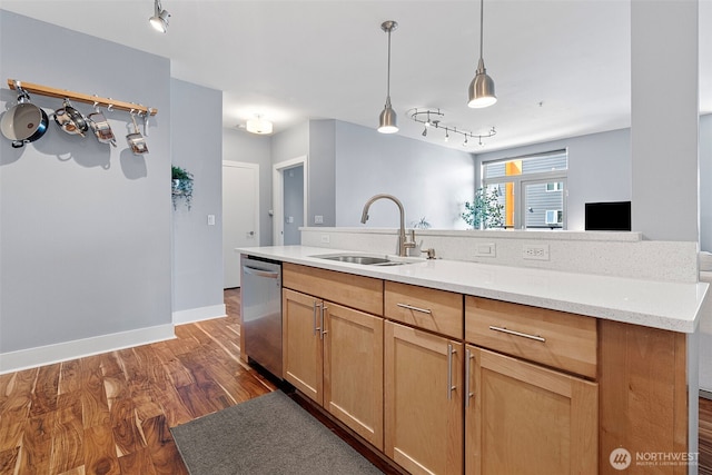 1501 Tacoma Ave S Unit 404, Tacoma, WA 98402 - kitchen with a sink, dishwasher, dark wood finished floors, and pendant lighting