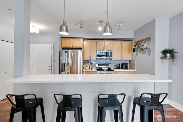 1501 Tacoma Ave S Unit 404, Tacoma, WA 98402 - kitchen featuring appliances with stainless steel finishes, light brown cabinetry, dark wood-type flooring, tasteful backsplash, and light countertops