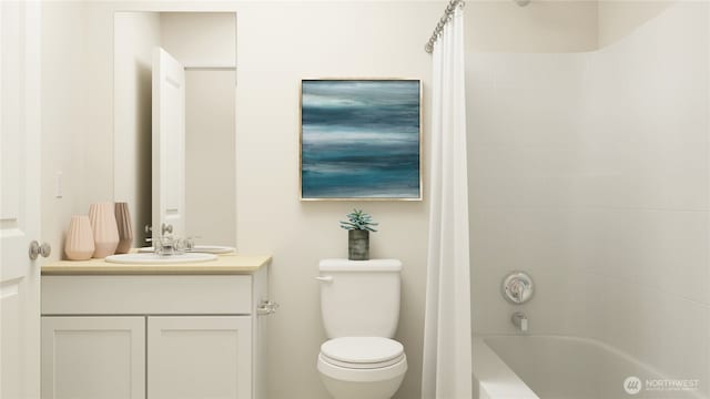 14005 198th St E, Graham, WA 98338 - full bathroom with vanity, toilet, and shower / bathtub combination with curtain
